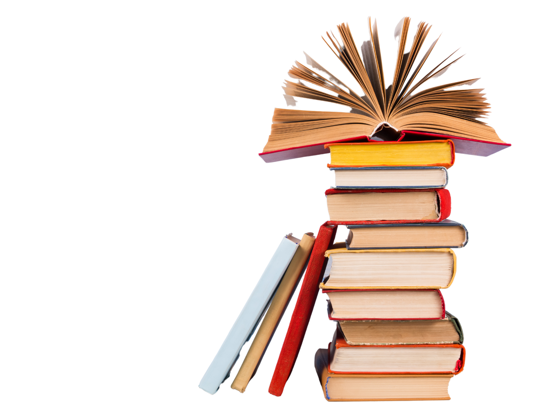 Stack of colorful hardback books, open book on blue background